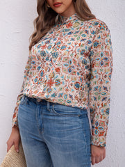 Boho Blouse Women's Plus Allover Print Long Sleeve Button Up Mock Neck Shirt Top