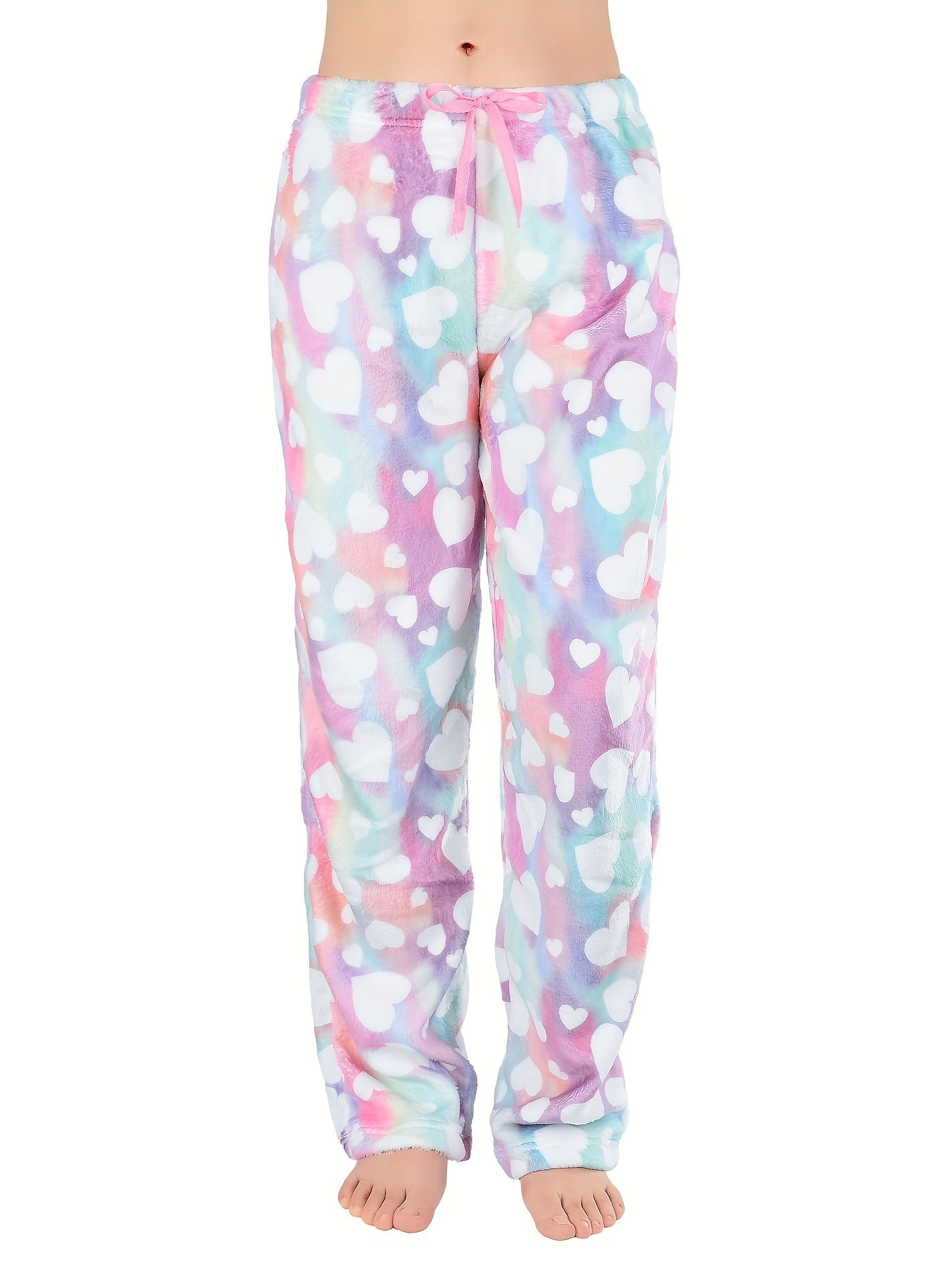 Heart Print Fuzzy Lounge Pants Lace Up Comfy Warm Womens Loungewear & Sleepwear
