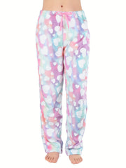 Heart Print Fuzzy Lounge Pants Lace Up Comfy Warm Womens Loungewear & Sleepwear