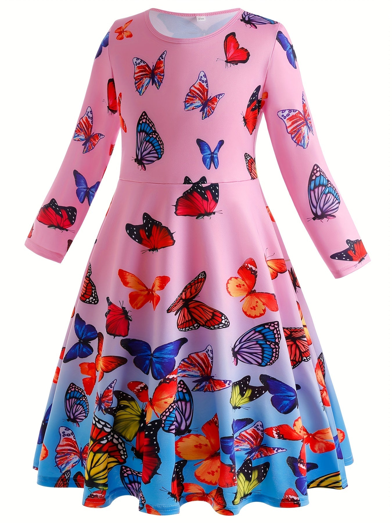 Girls Butterfly Graphic Long Sleeve Dress Spring Fall Party