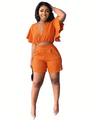 Flutter Sleeve Crop Top & High Waist Shorts Set