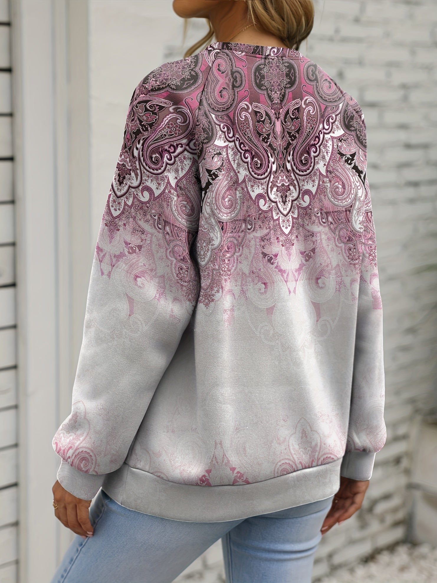 Ethnic Floral Print Sweatshirt Casual Crew Neck Long Sleeve
