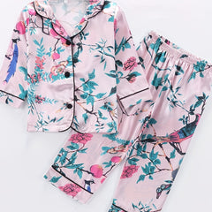 Girls Lounge Wear Top & Pants Pajamas Bird Print Set