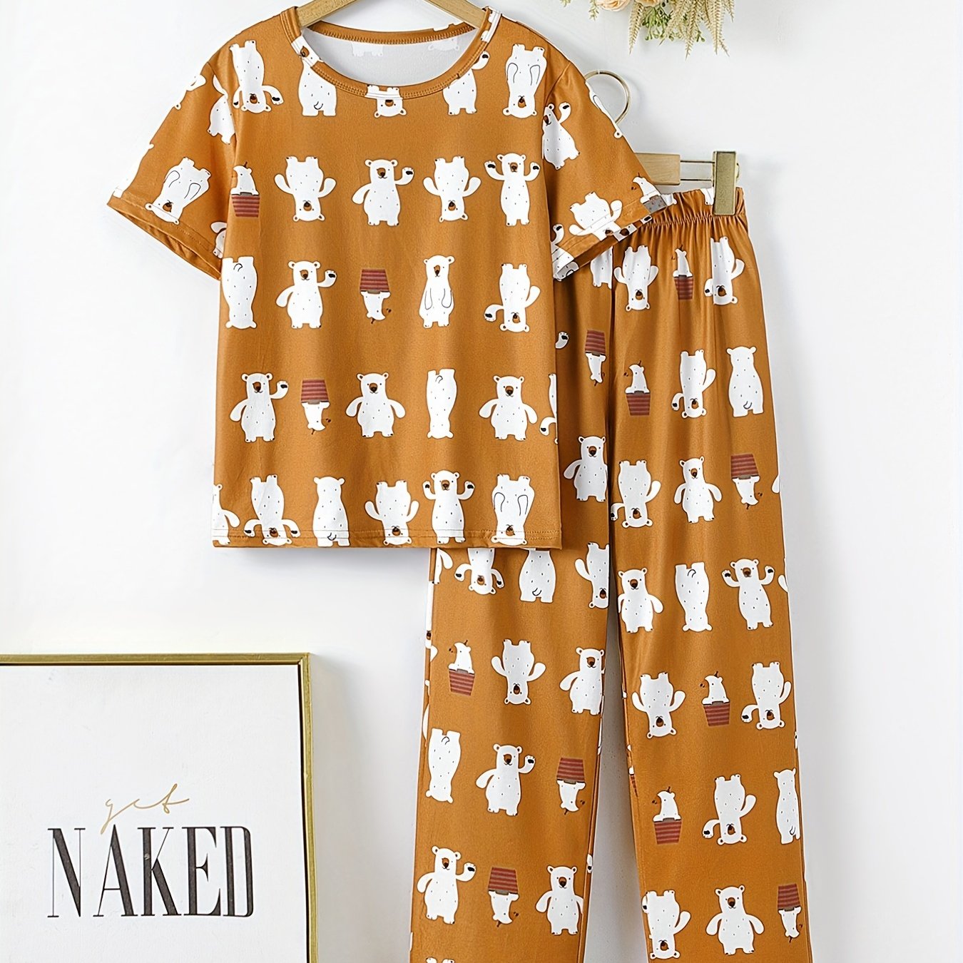 Boys Bear Print Pajama Set Tee Top & Pants Kids Loungewear 2pcs Set
