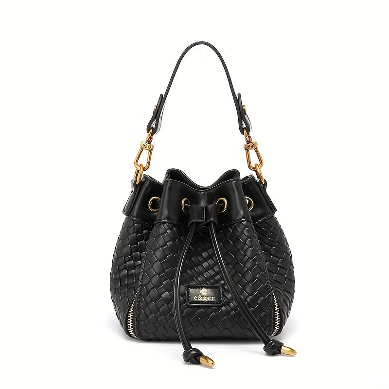 Mini Woven Drawstring Bucket Bag PU Crossbody Bag Women's Casual Shoulder Purse