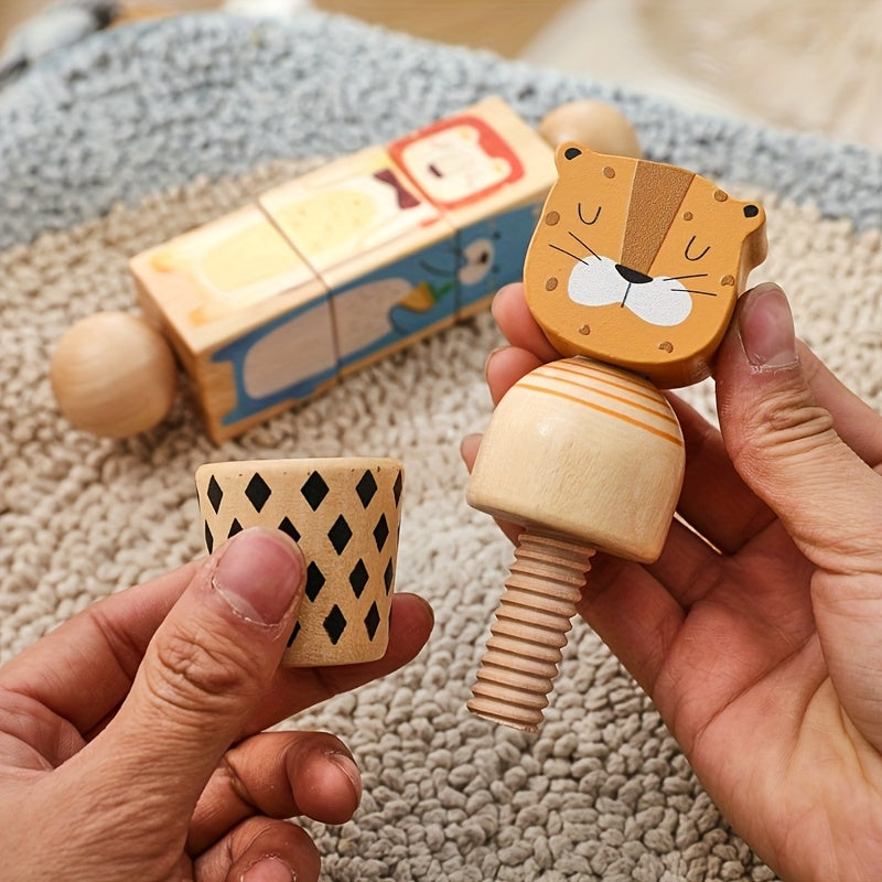 Kids' Wooden Face Rotatable Puzzle Toy Animal Screw Nut Combination Toys