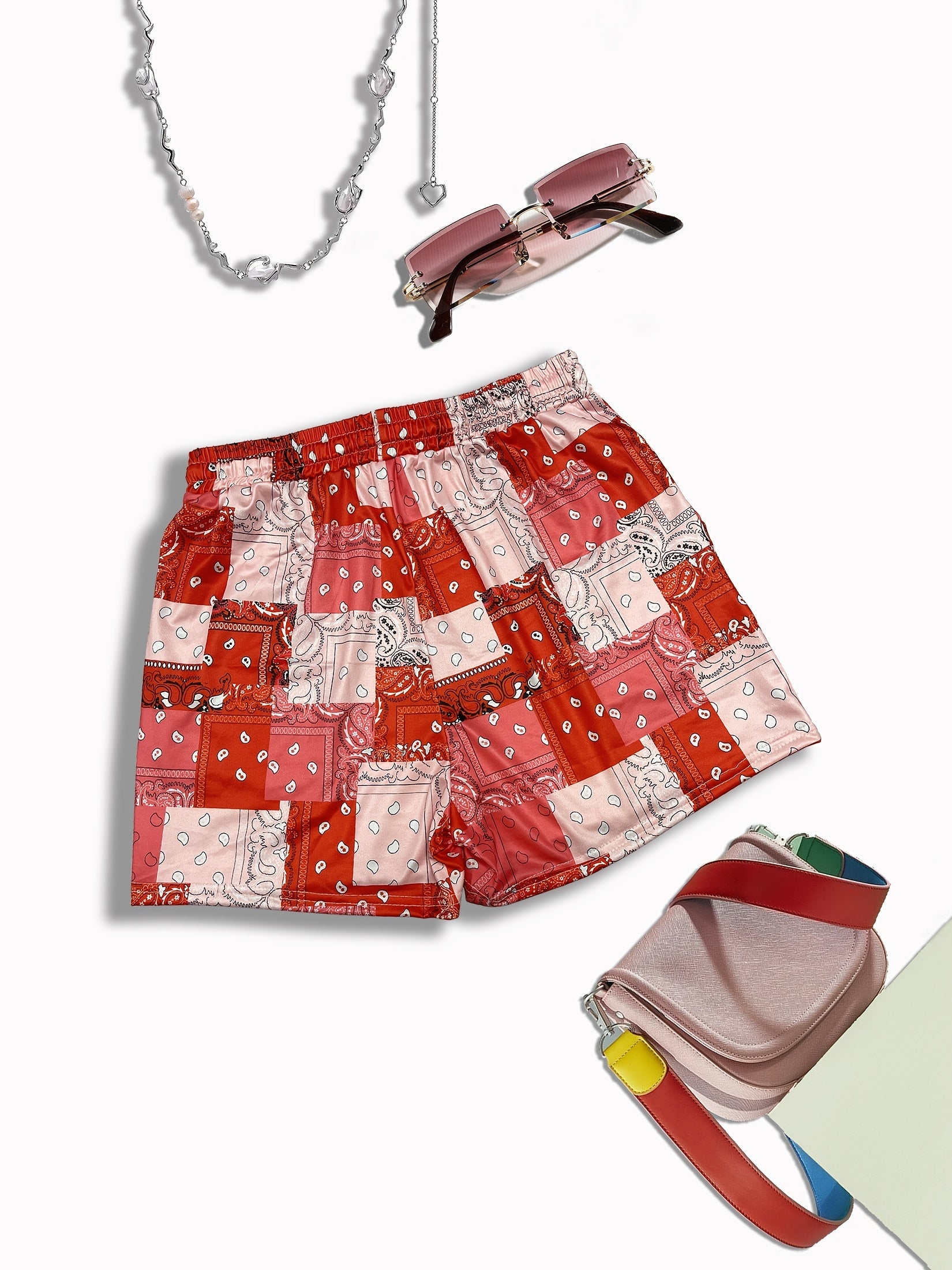 Paisley Patchwork Shorts Drawstring Elastic Waist Patchwork Summer