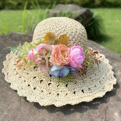 Foldable Flower Garland Sun Hat Crochet Straw Hat UV Protection Beach Hat