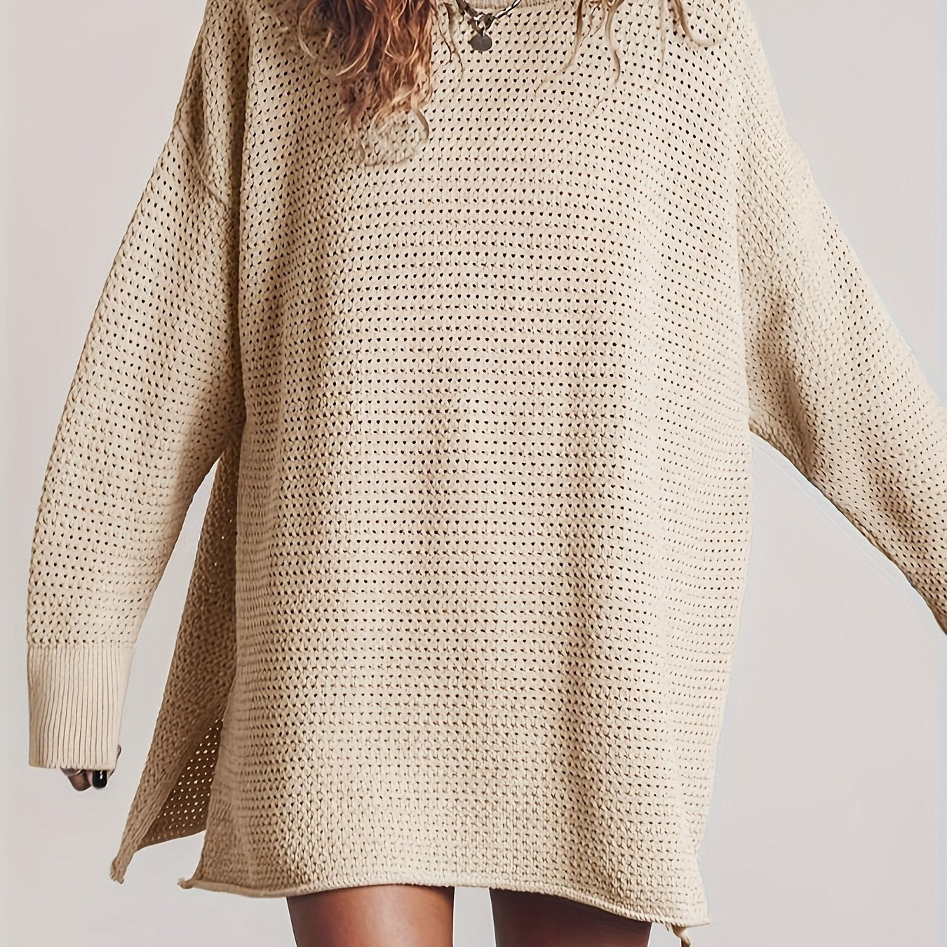 Casual Sweater Dress Solid Hollow Long Sleeve High Stretch Knitted Spl