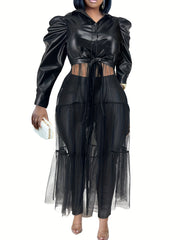 Punk Dress Women's Faux Leather Mesh Sleeve Button Up Dress