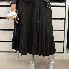 Solid Button Pleated Stretch Skirt