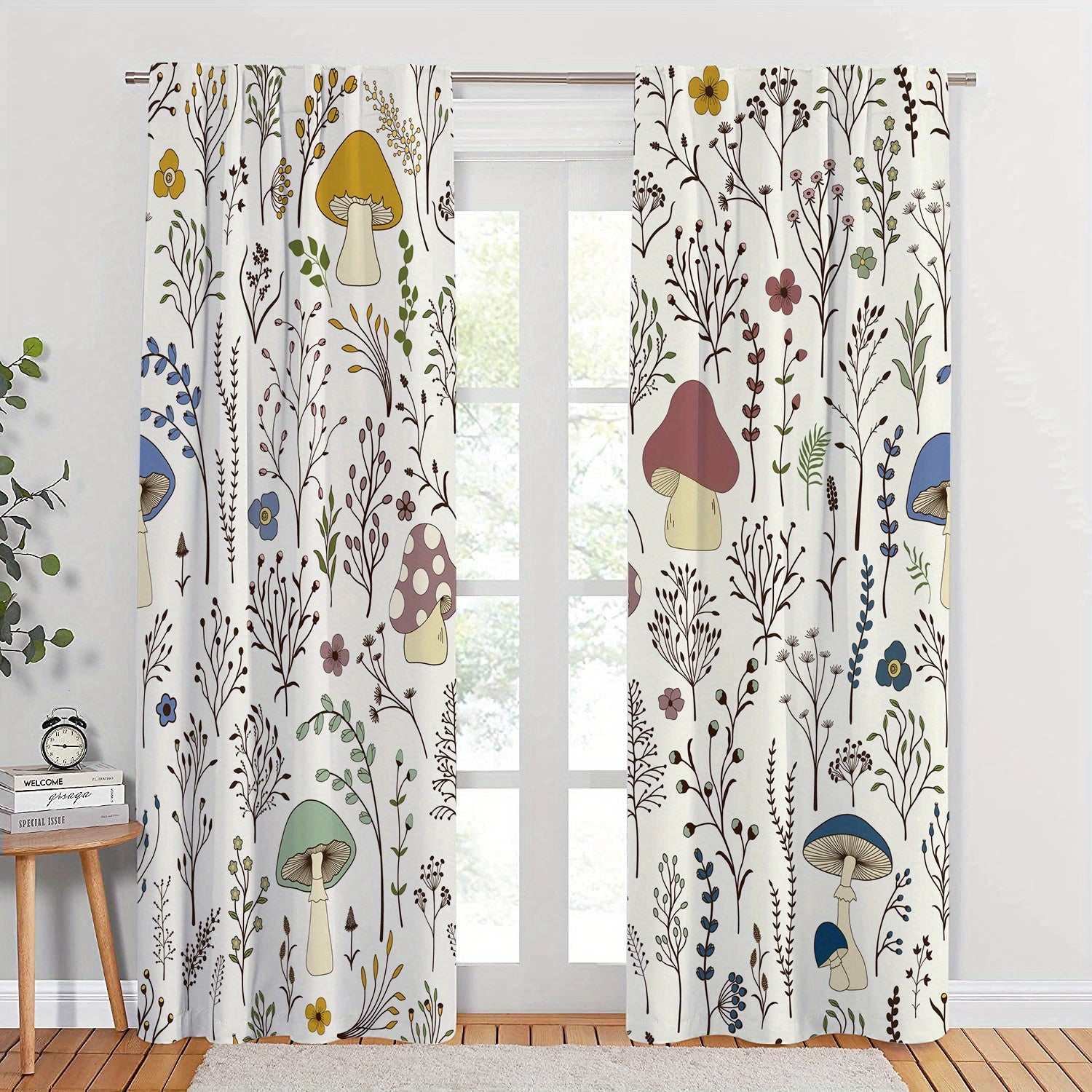 2pcs Mushroom Flowers Printed Window Curtains for Kids Bedroom