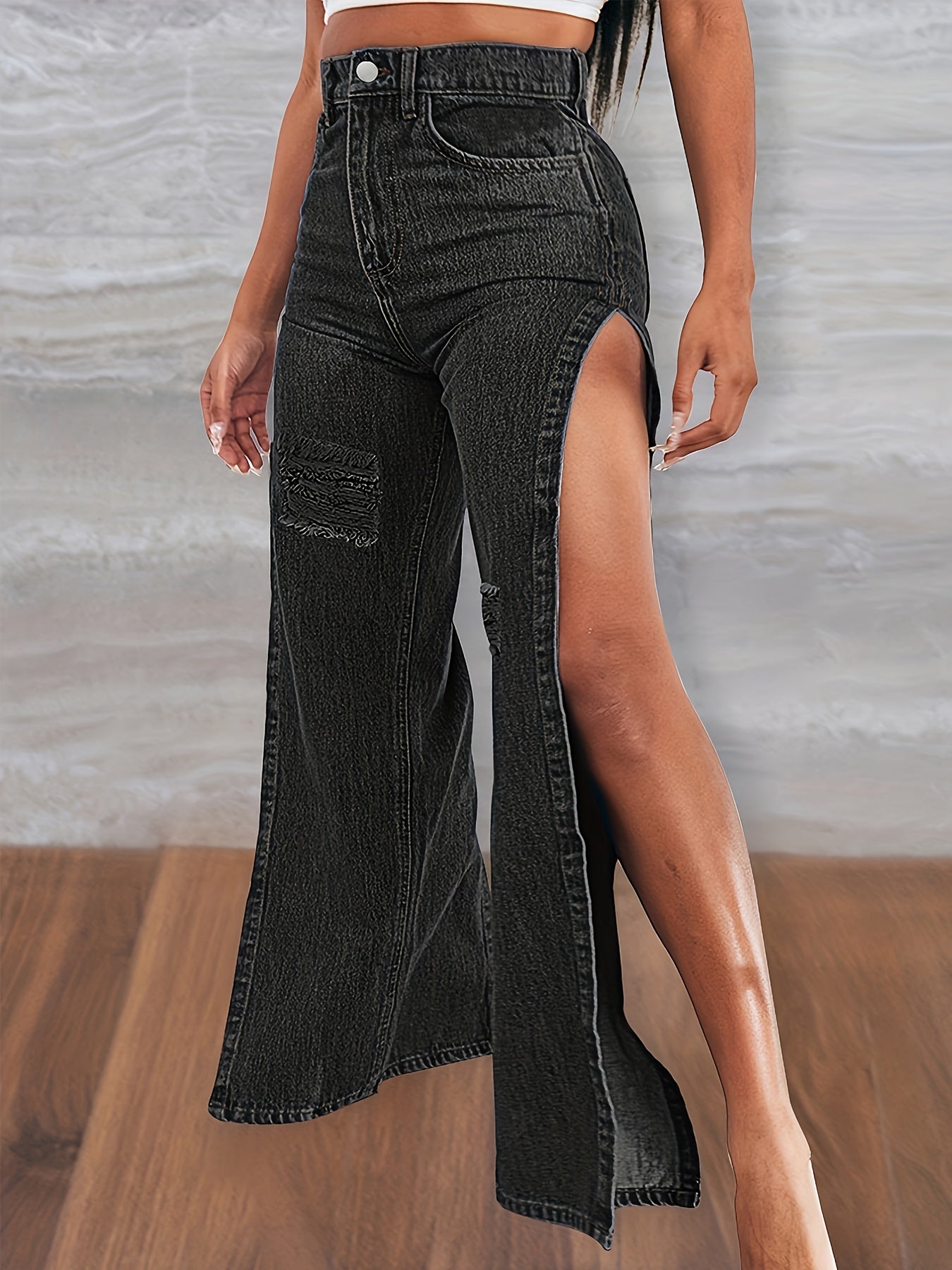 High Rise Snowflake Fabrics Split Thigh Washed Denim Jeans