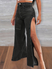 High Rise Snowflake Fabrics Split Thigh Washed Denim Jeans
