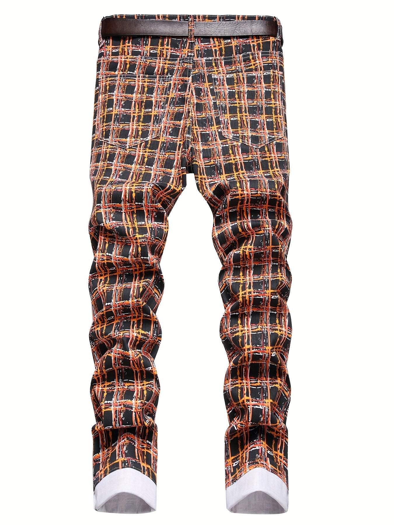 Colorful Plaid Cotton Jeans Men's Casual Creative Allover Print Mid Stretch