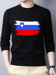 Slovenia Flag Print Men's Long Sleeve T shirt Slim Fit Crew Neck Tops