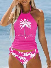 Coconut Tree Tankini Sets Halter Drawstring Tie Swimsuit