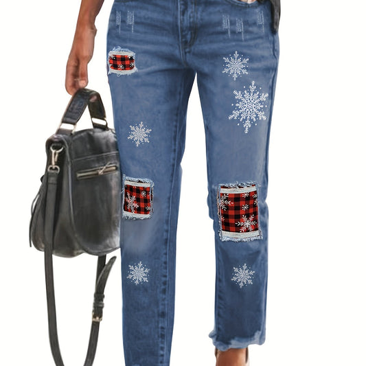 Plus Size Christmas Jeans Women's Colorblock Plaid & Snowflake Print