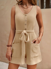 Solid Textured Belted Romper Jumpsuit Casual Sleeveless Button Romper Jumpsuit