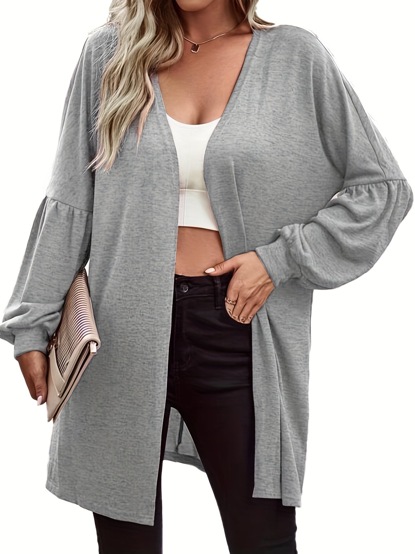 Solid Lantern Sleeve Open Front Cardigan