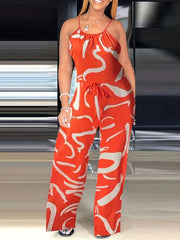 Abstract Print Spaghetti Strap Jumpsuit Casual Drawstring Wide Leg Jumpsuit