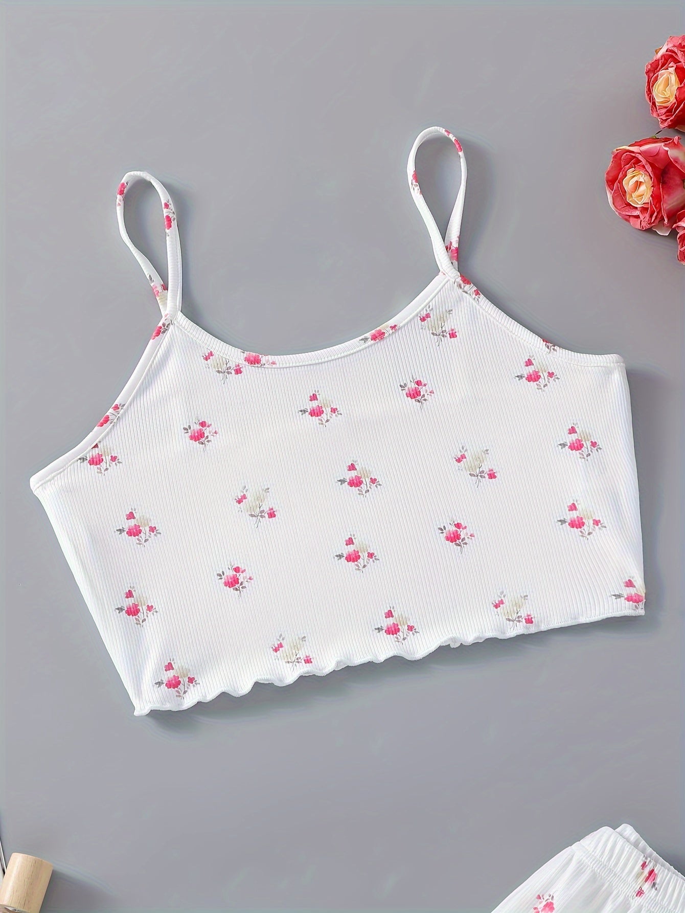 Floral Print Lounge Set Crew Neck Cami Top & Pants