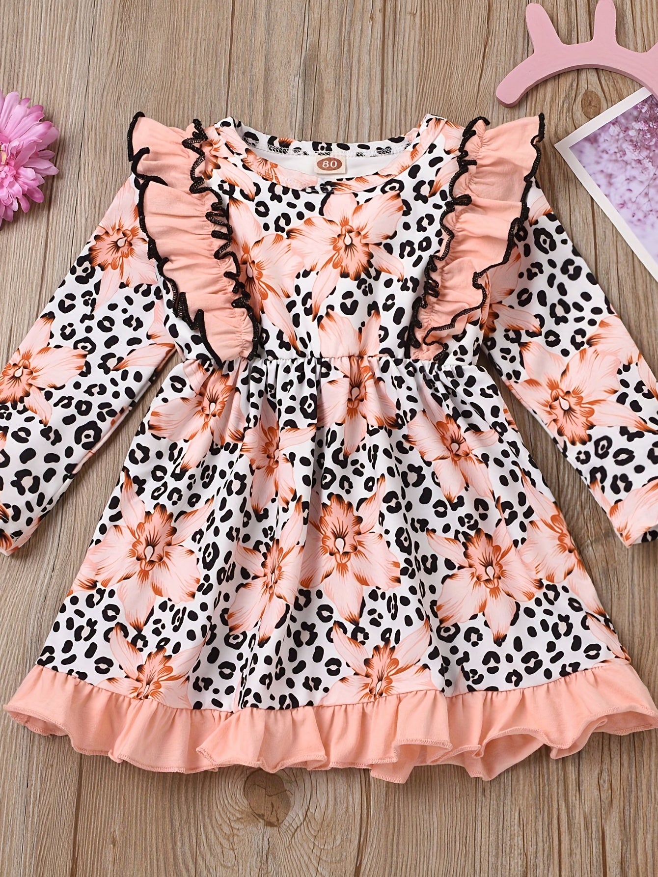 Baby Girls Princess Floral Ruffles Dress Long Sleeve Casual Kids Dress