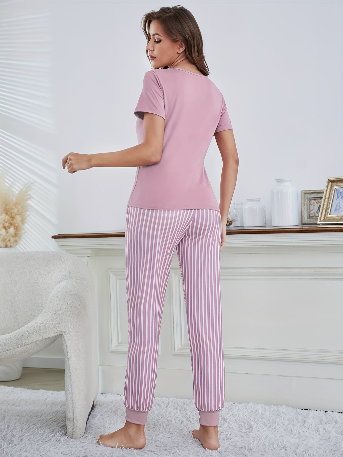 Letter Print Pajama Set Short Sleeve Crew Neck Top & Striped Pants