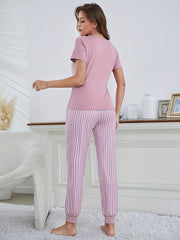 Letter Print Pajama Set Short Sleeve Crew Neck Top & Striped Pants