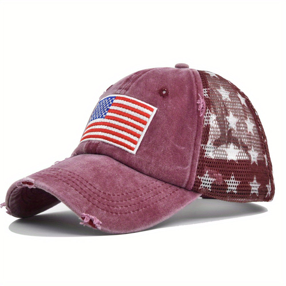 Unisex Mesh Breathable Baseball Cap with US Flag Embroidery