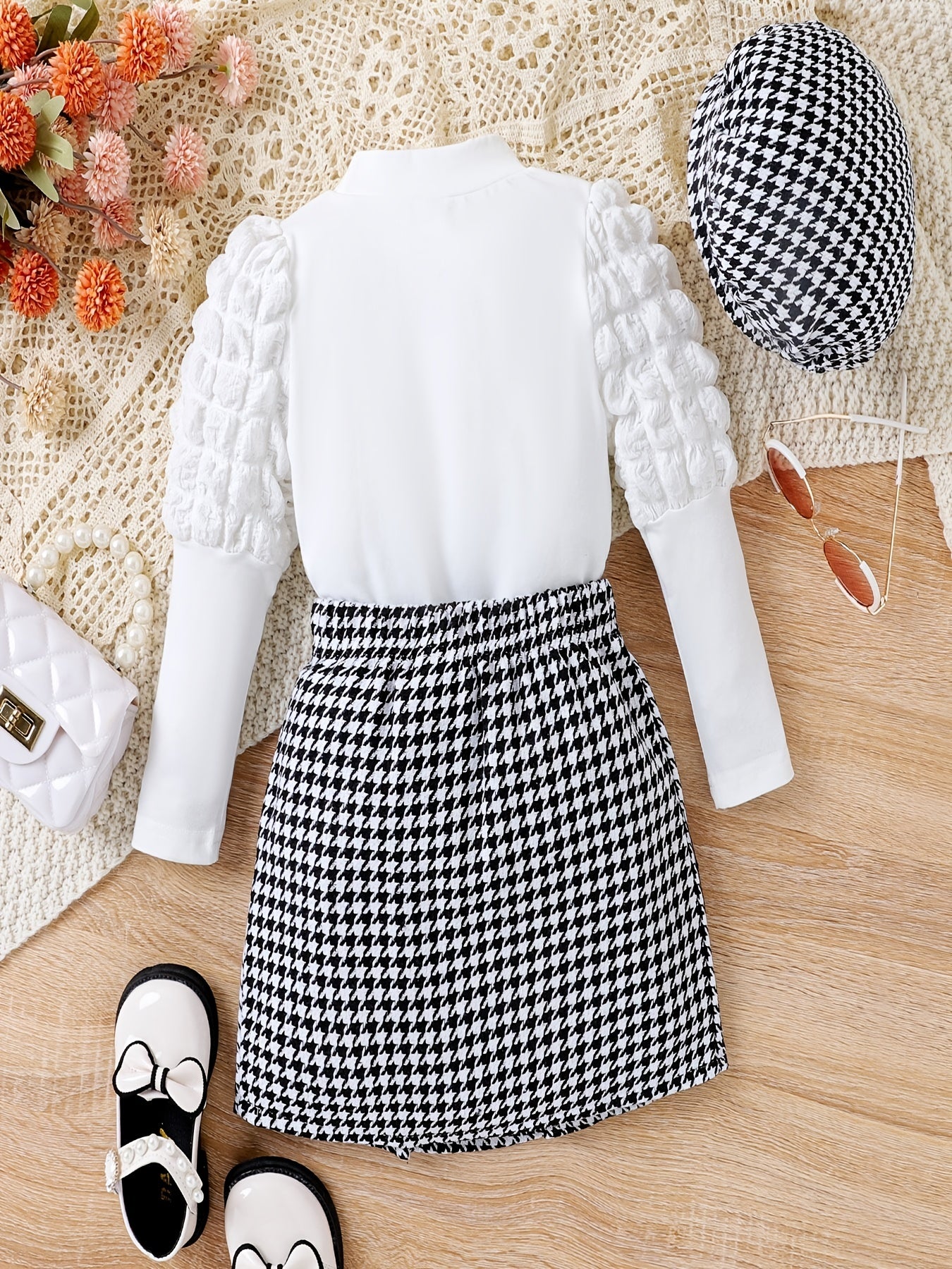 Houndstooth Pattern Girl's 3pcs Leg of mutton Sleeve Top & Skirt Set
