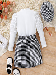 Houndstooth Pattern Girl's 3pcs Leg of mutton Sleeve Top & Skirt Set