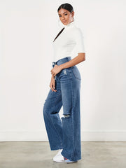 Raw Cut Straight Jeans Loose Fit Ripped Holes Non Stretch Casual Wide Legs Jeans