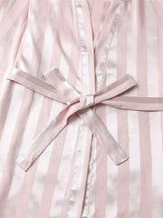 Striped Satin Night Robe Long Sleeve V Neck Robe With Belt