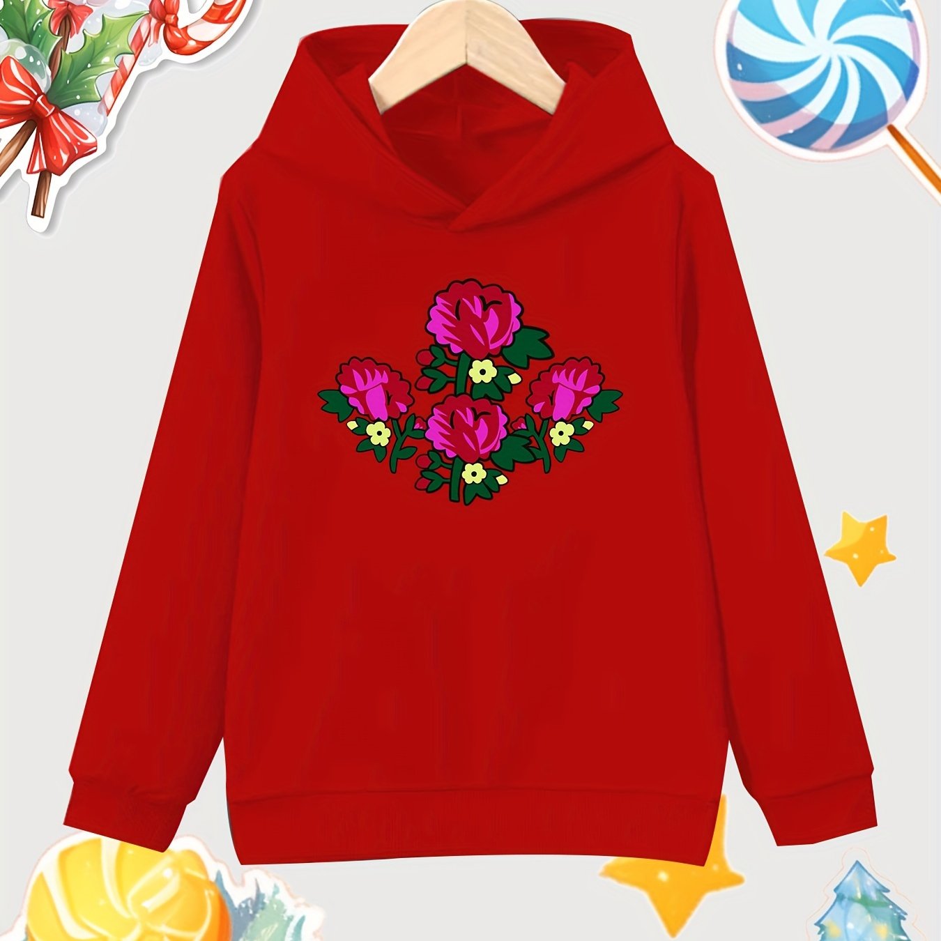 Girl's Cartoon Flowers Cotton Hoodie Sweatshirt for Outdoor