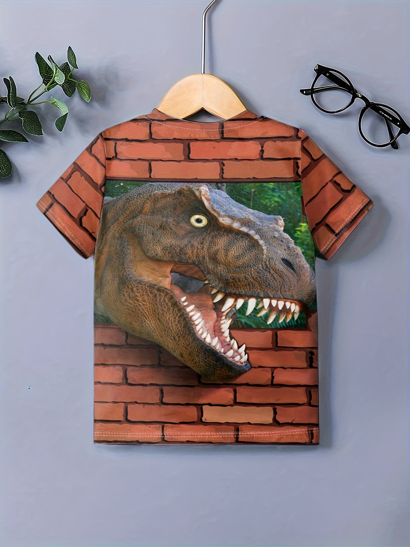 Dino & Brick Wall 3D Print Boys Tee Top Kids Casual Short Sleeve T-shirt
