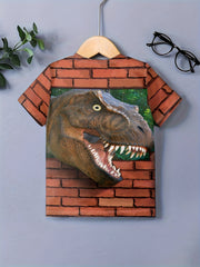 Dino & Brick Wall 3D Print Boys Tee Top Kids Casual Short Sleeve T-shirt