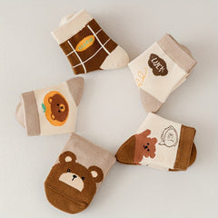 5pairs Kids Cartoon Bear Pattern Socks Soft Comfy Socks for Autumn Winter