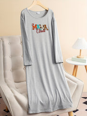 Christmas Lounge Dress Letter Print Long Sleeve Tee Sleep Dress