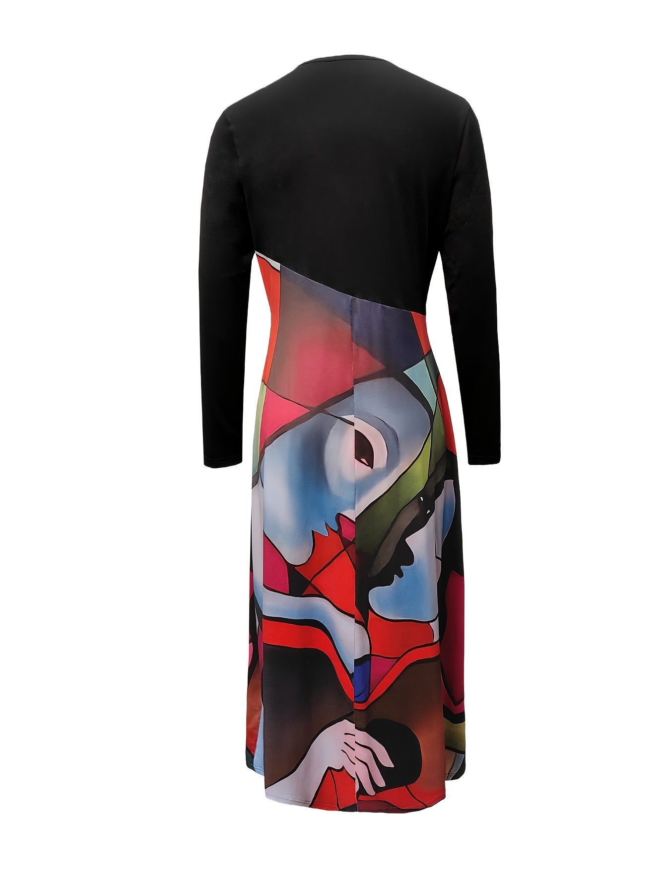 Abstract Print V Neck Dress Casual Long Sleeve Dress For Spring & Fall