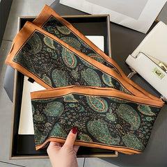 Flower Print Skinny Scarf Double Layer Silk Scarf Long Ribbon Neck Tie