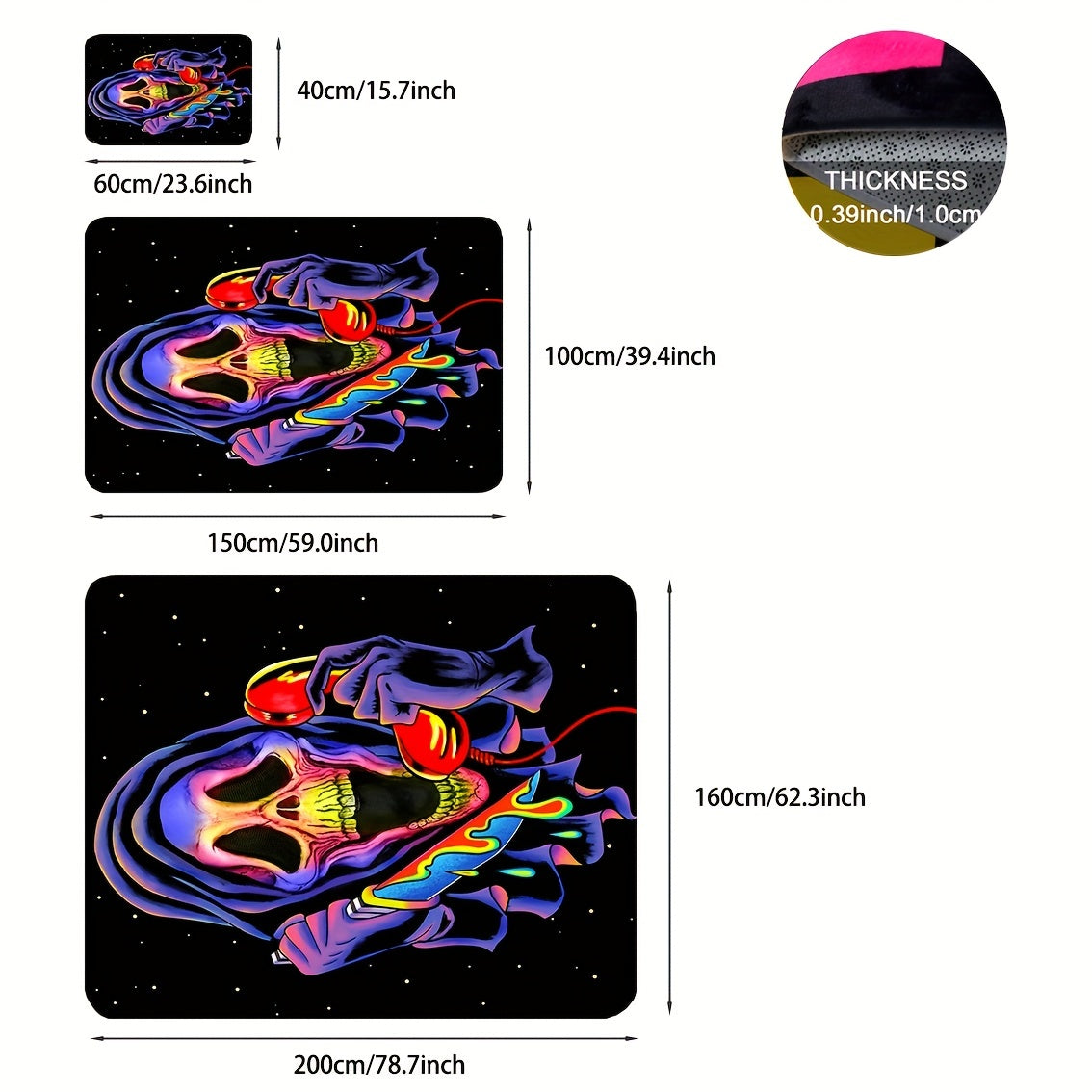 UV Light Flannel Luminous Rug Skull Pattern Non Slip Mat Bedroom Living Room
