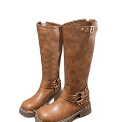 Women's Knee High Buckle Strap Boots Square Toe Solid Riding Boots