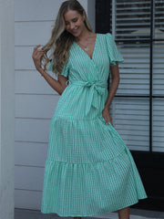 High Waist Casual Maxi Dress Short Sleeve