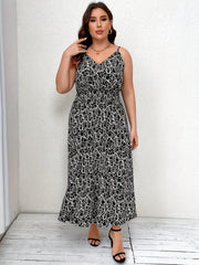 Allover Print Shirred Nipped Waist V Neck Maxi Cami Dress