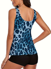 Leopard Print Tankini Set V Neck Lace Up Tank Top & Shorts Swimsuit