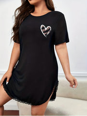 Leopard Heart Print Lace Trim Nightdress