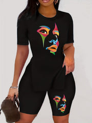 Character Print Casual Two Piece Set T shirt & Slim Shorts Women's Clothing