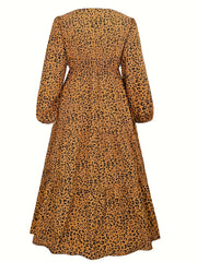 Women's Leopard Print Lantern Sleeve Maxi Dress