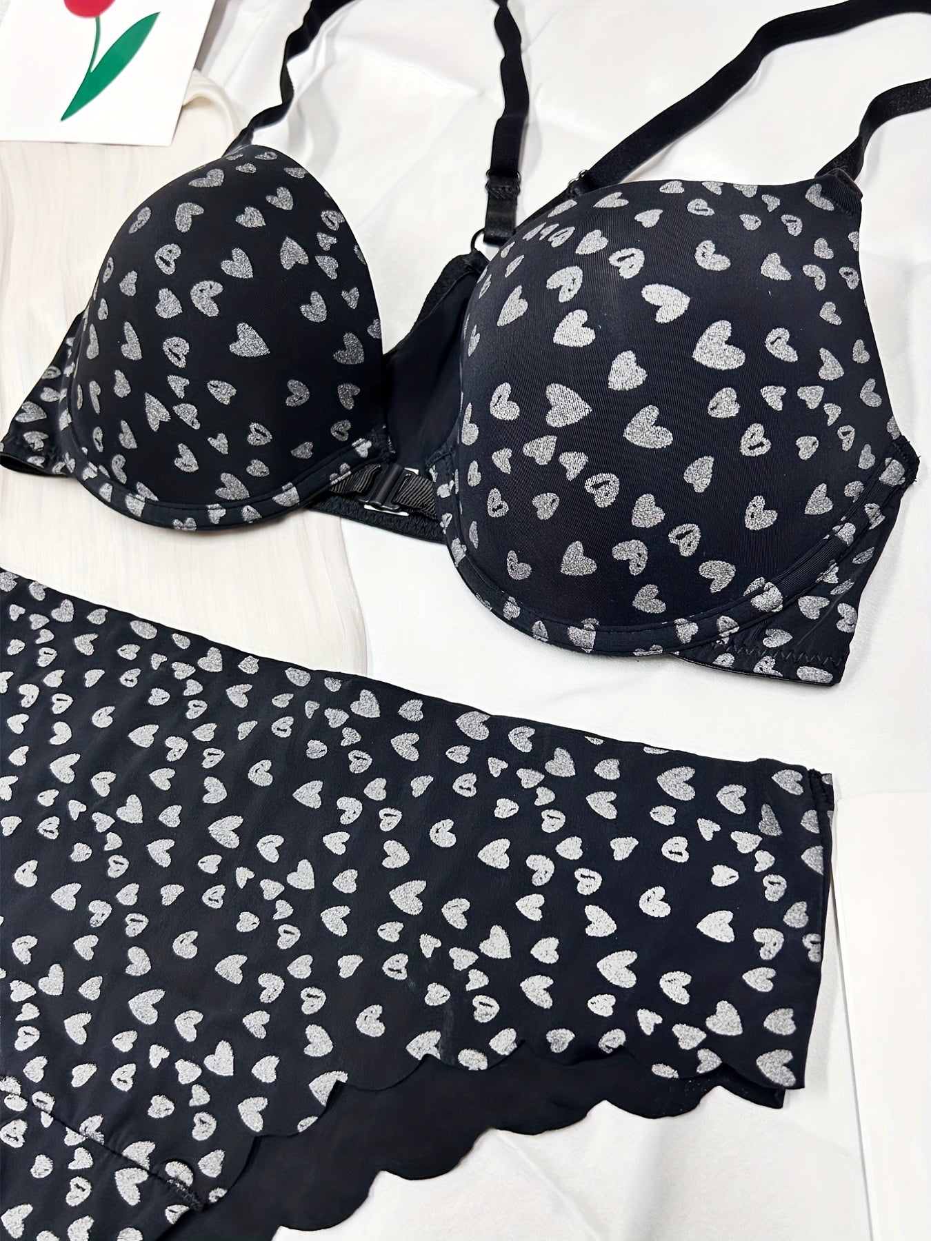 Heart Print Push Up Bra & Panties Lingerie Set